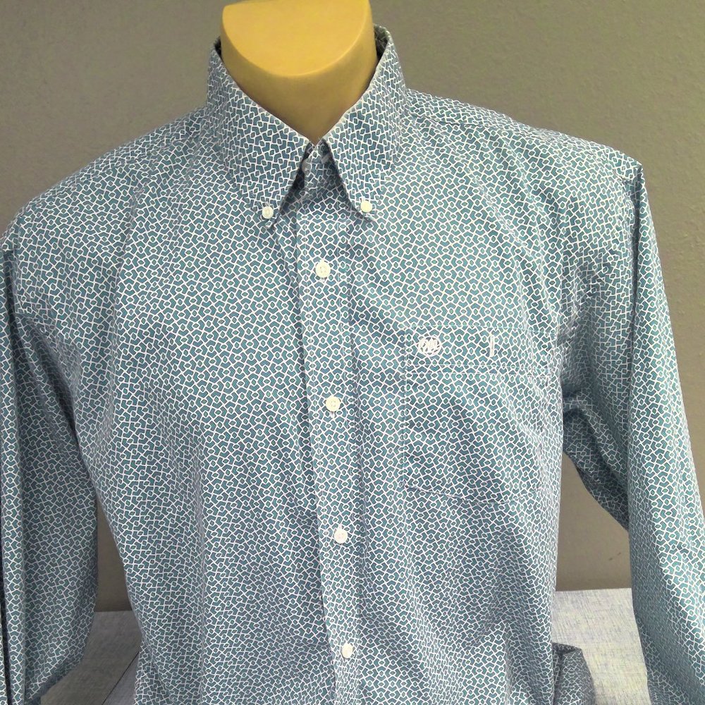 Wrangler Button Down Shirt Long Sleeve Blue Geometric Men's XL